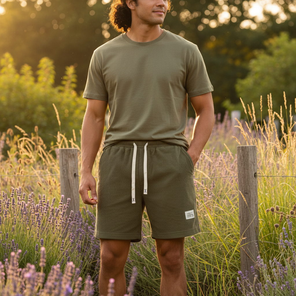 Person in CORDMERE corduroy shorts, with a relaxed, wide-leg silhouette and soft vintage finish, in a sunny outdoor field.
