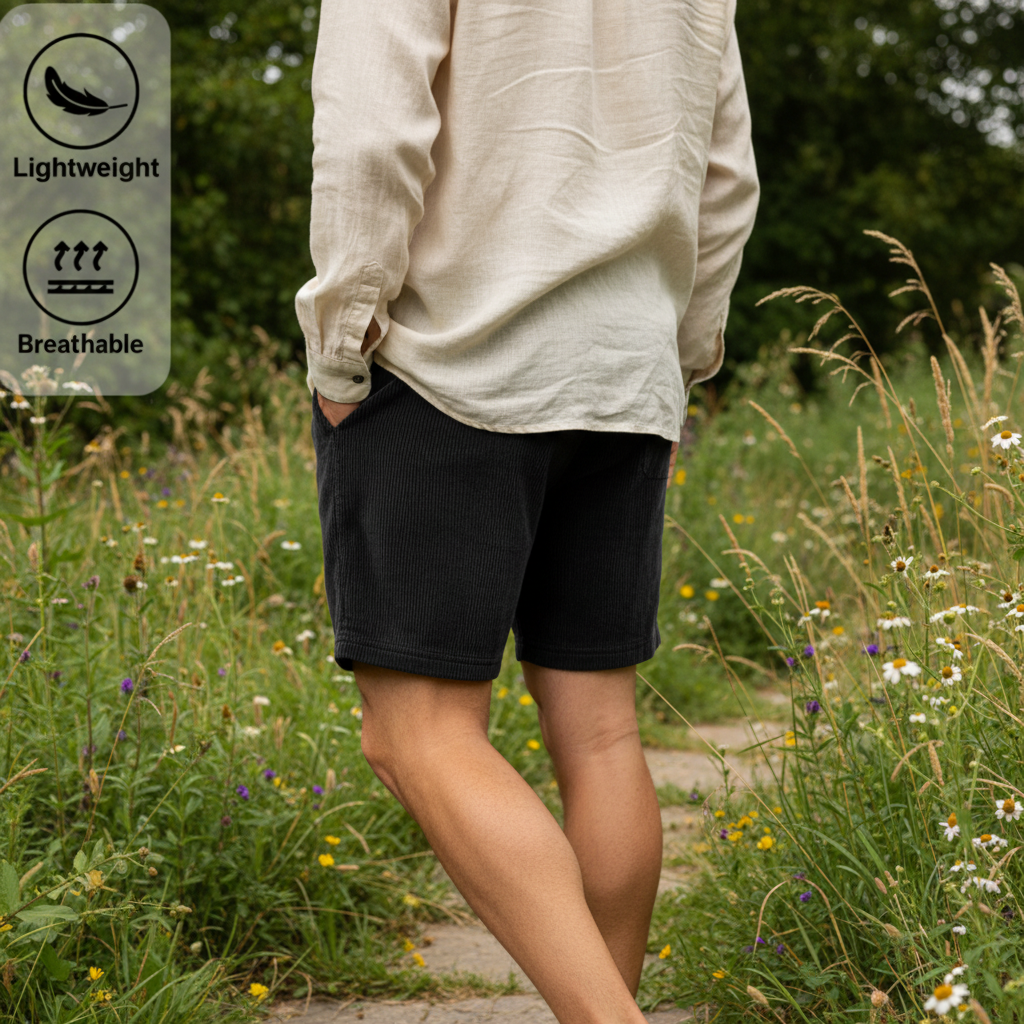 Person wearing relaxed, vintage-inspired CORDMERE corduroy shorts with a ribbed texture, standing in a sunny garden or field.