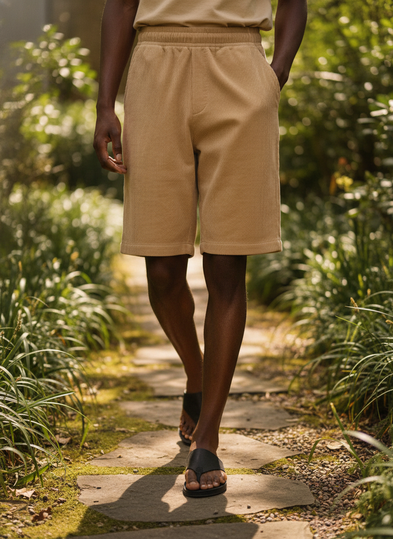 Person from waist down wearing CORDMERE corduroy shorts with a soft vintage finish, walking on a garden path.