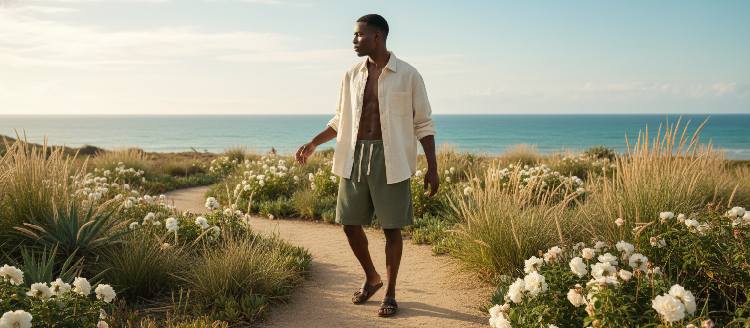 Person wearing relaxed, lightweight, ribbed corduroy shorts in a sun-drenched coastal garden landscape.
