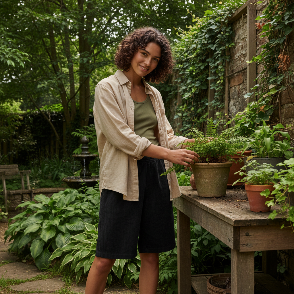 Person with diverse representation wearing Cordmere corduroy shorts in a relaxed garden setting, surrounded by plants and nat