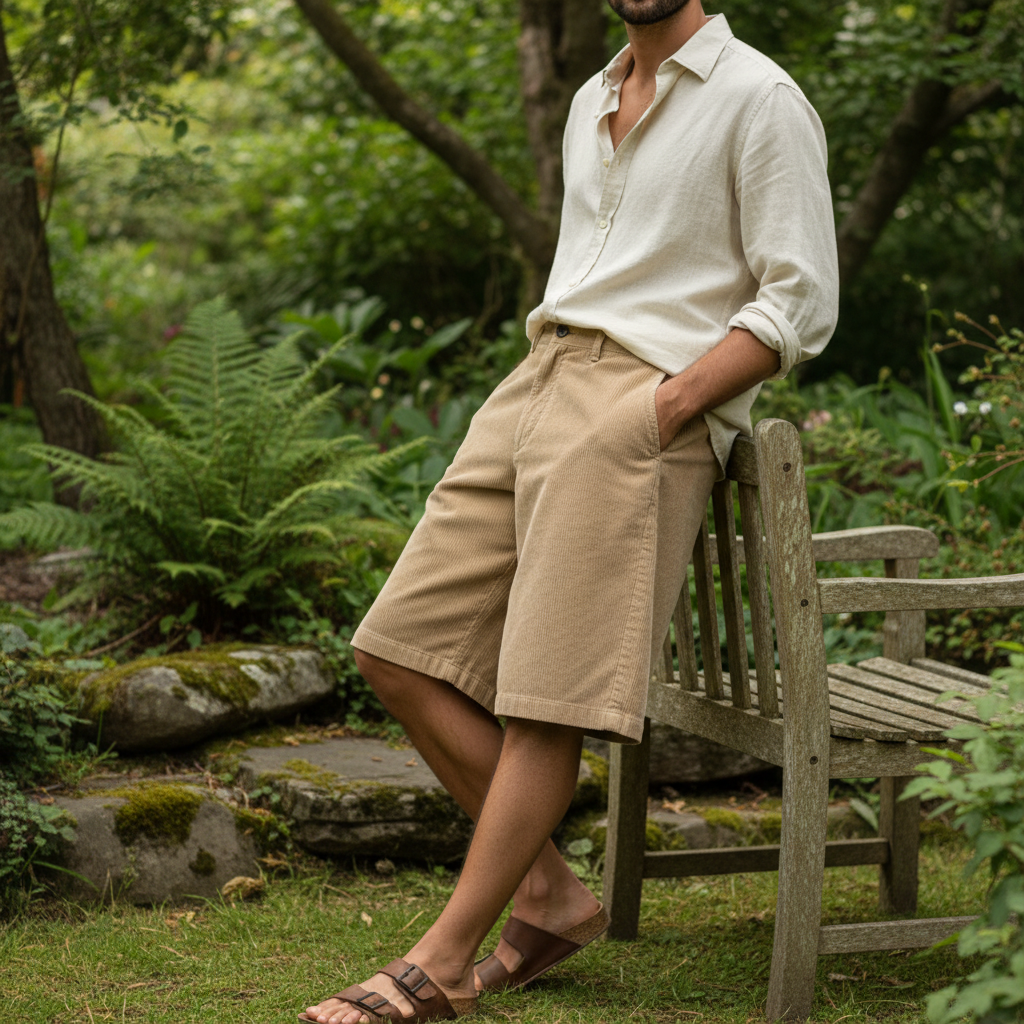 Person wearing sand beige corduroy shorts in a lush garden setting, relaxed pose, soft natural light.