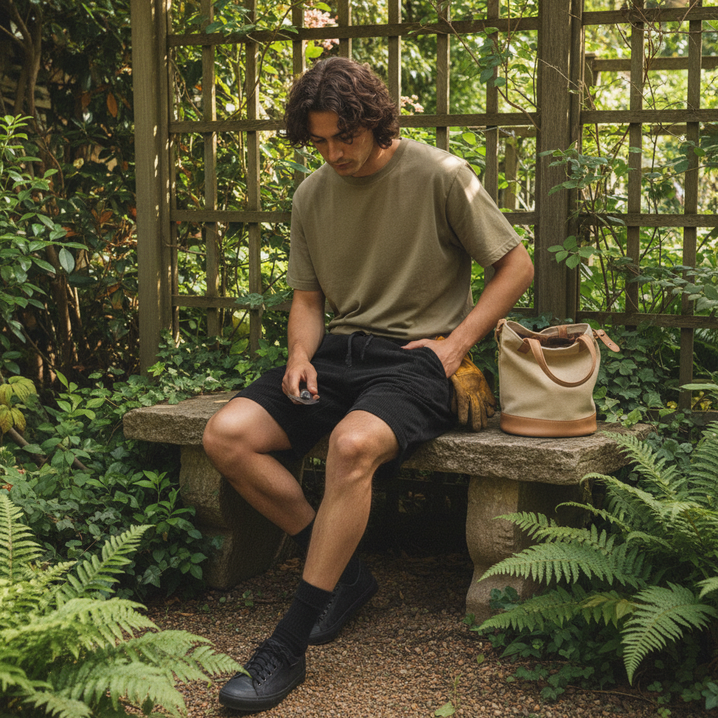 Person wearing relaxed olive green corduroy shorts in a sunlit garden, surrounded by lush plants and natural textures.