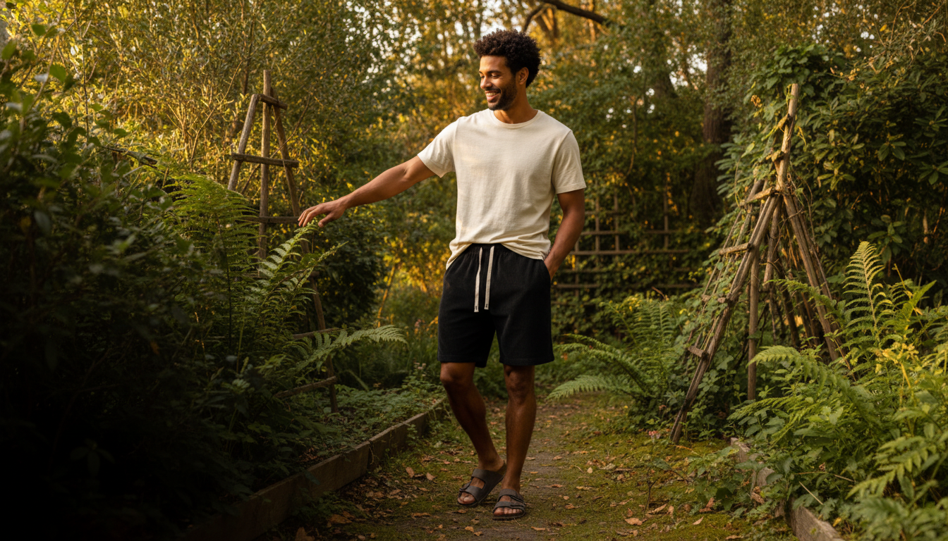 A person wearing CORDMERE corduroy shorts with a relaxed, wide-leg fit, standing in a sun-dappled garden.