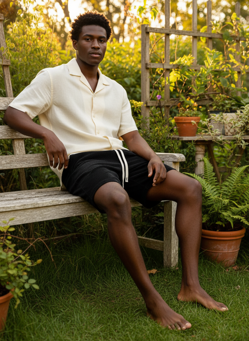 A person wearing light-colored corduroy shorts stands in a sunlit garden with green plants and wooden accents.